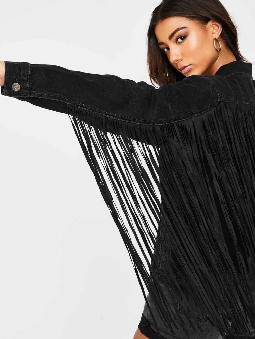 Levi's Ex-Boyfriend Fringe Trucker Black Denim Jacket - Picture 3 of 6